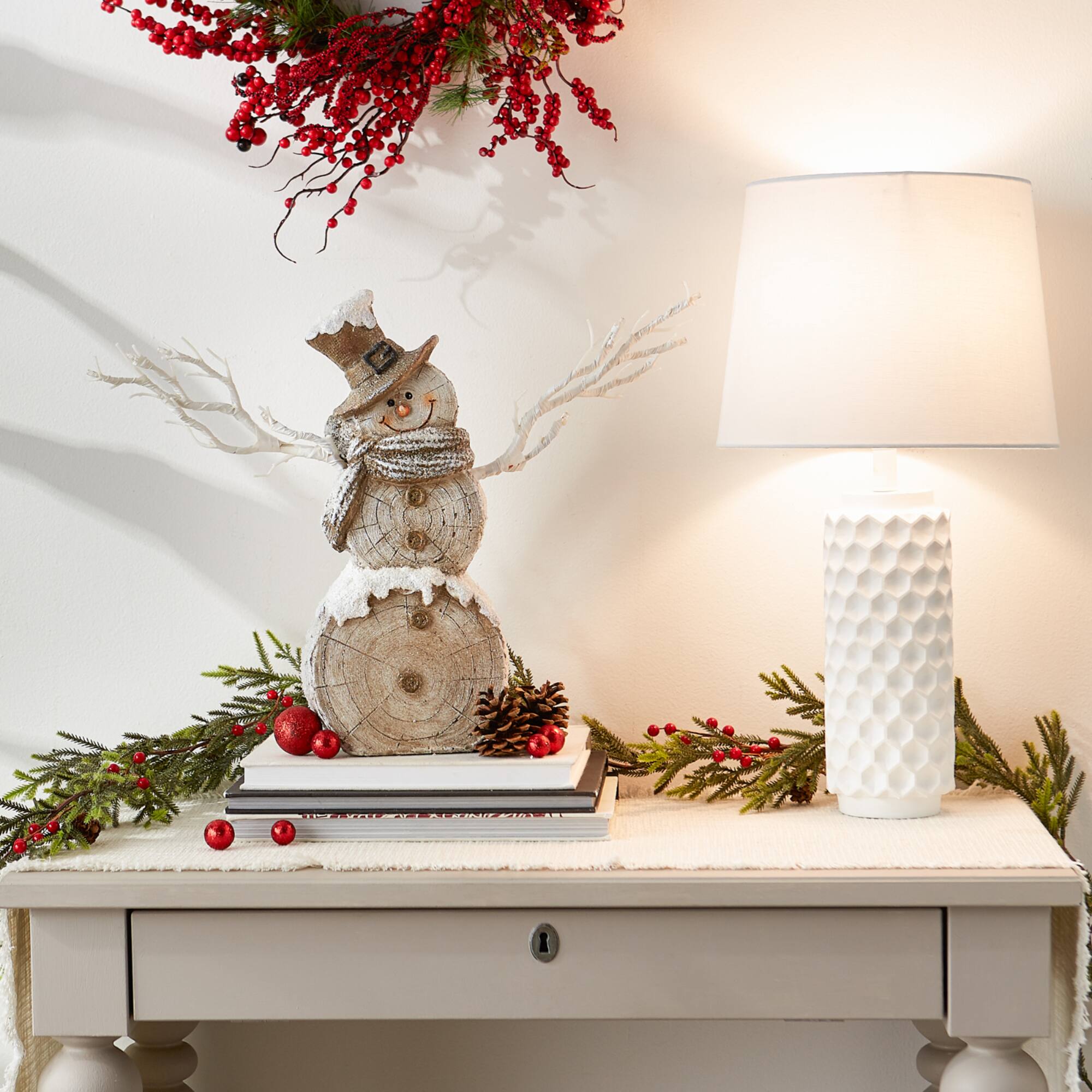 18" Snowman Statue With Twig Lights